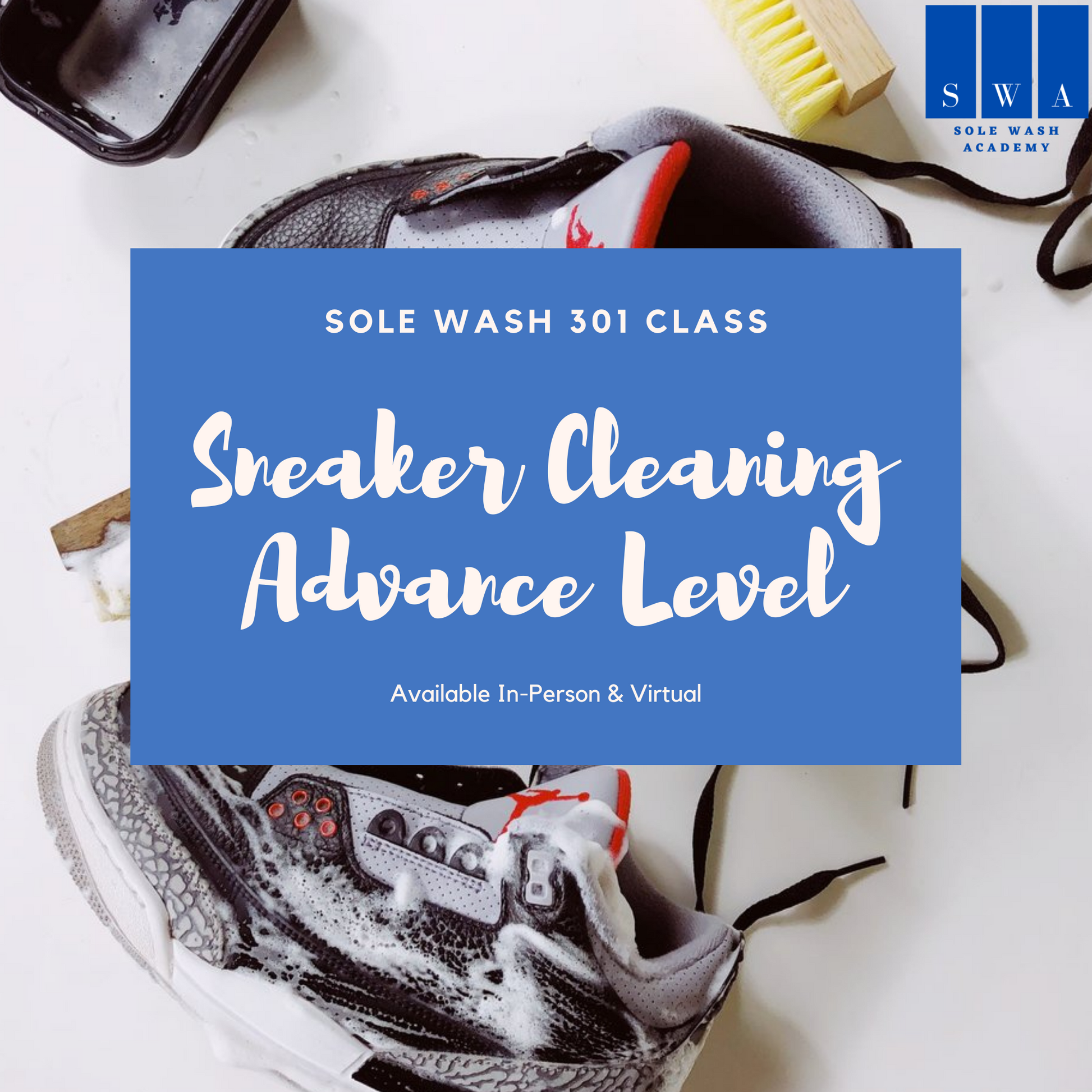 Focused sneaker materials: suede, mesh, leather, nubuck, or/and knit   The Sole Wash 301 is a 1.5 hours class guiding you on how to detail your cleaning to grow into a business or to assist you on how to provide the best finish product and presentation.